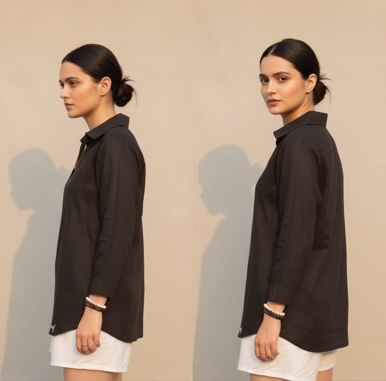 Black Linen V-Neck Collar Shirt thumbnail 2