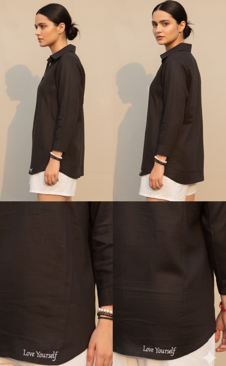 Black Linen V-Neck Collar Shirt thumbnail 4