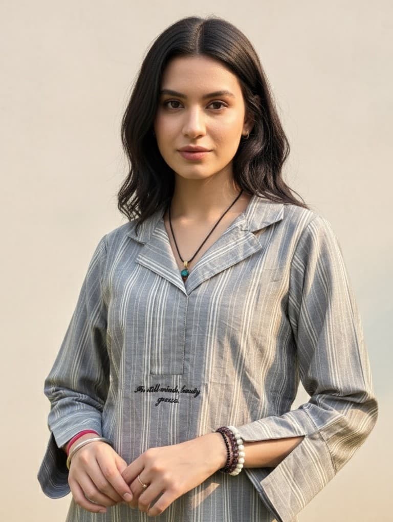 Grey White Striped Relaxed-Fit Collar Shirt