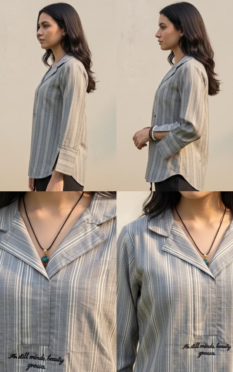 Grey White Striped Relaxed-Fit Collar Shirt thumbnail 4