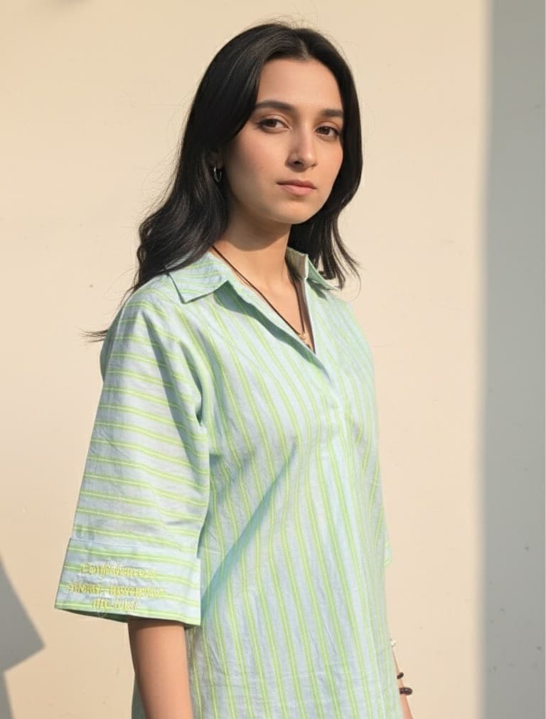 Green Striped Collar Shirt