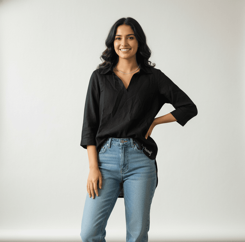 Black Linen V-Neck Collar Shirt