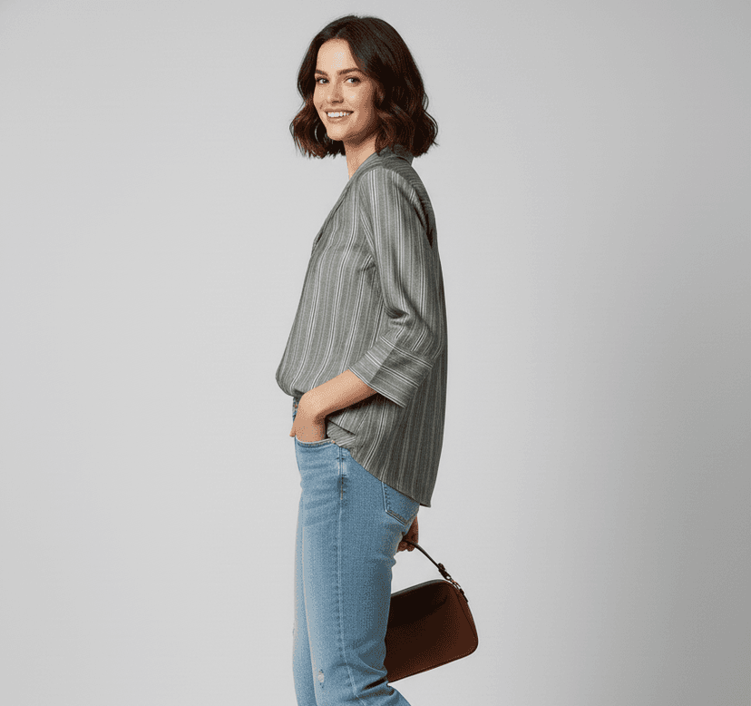 Grey White Striped Relaxed-Fit Collar Shirt