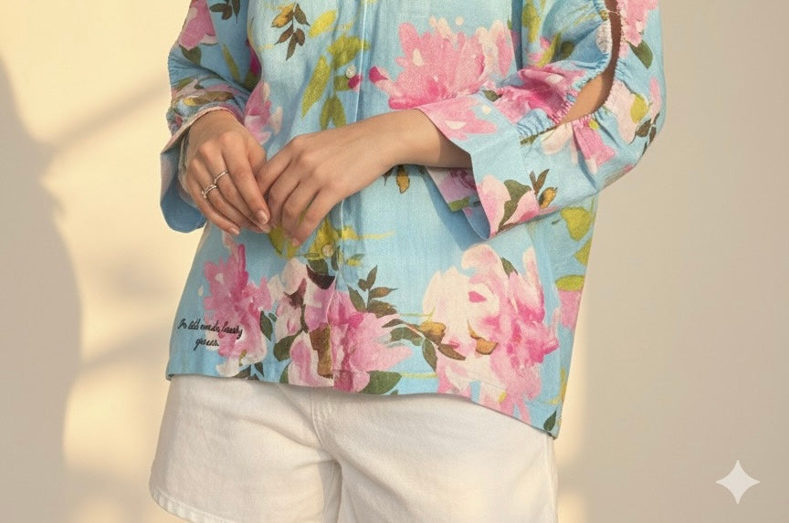 Blue Floral Linen Button-Up Shirt