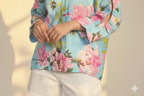 Blue Floral Linen Button-Up Shirt