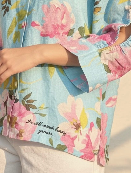 Blue Floral Linen Button-Up Shirt