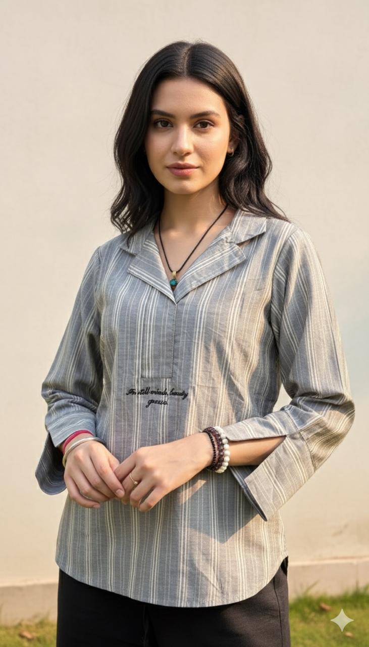 Grey-white Striped Collar shirt