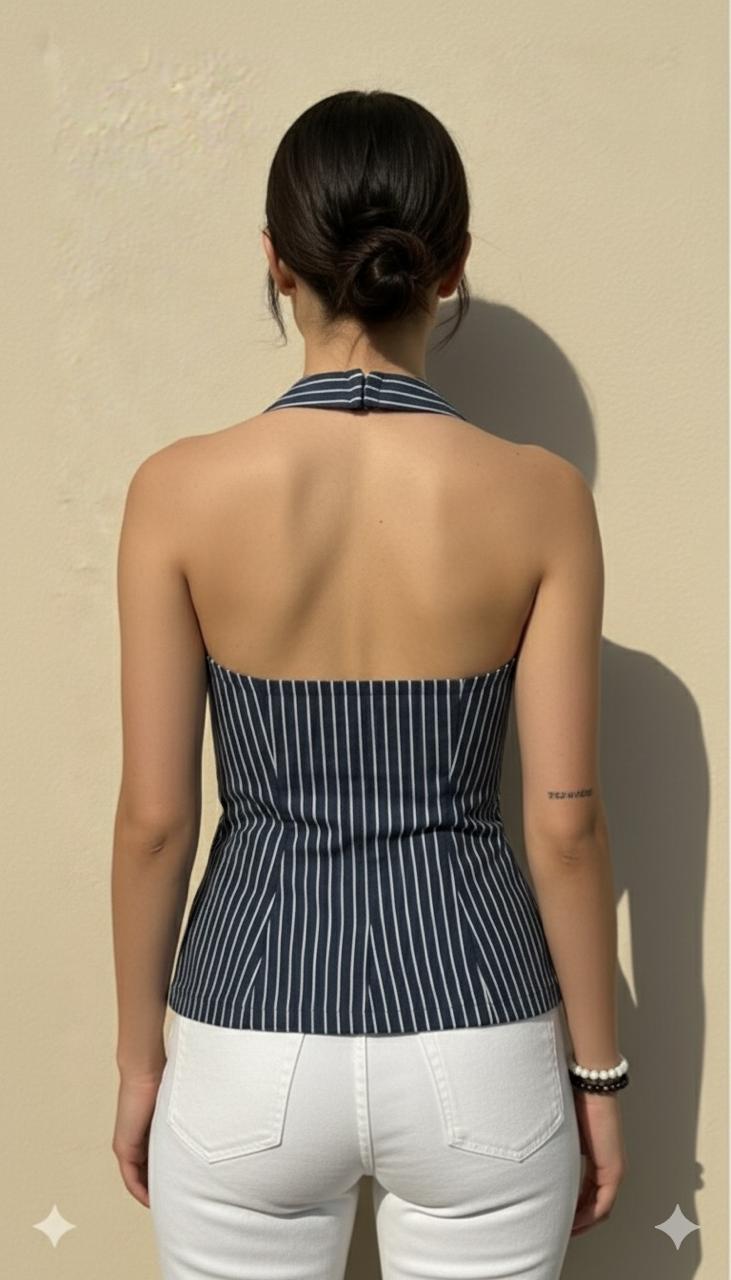 Striped Denim Halter Neck Top  (Love yourself)