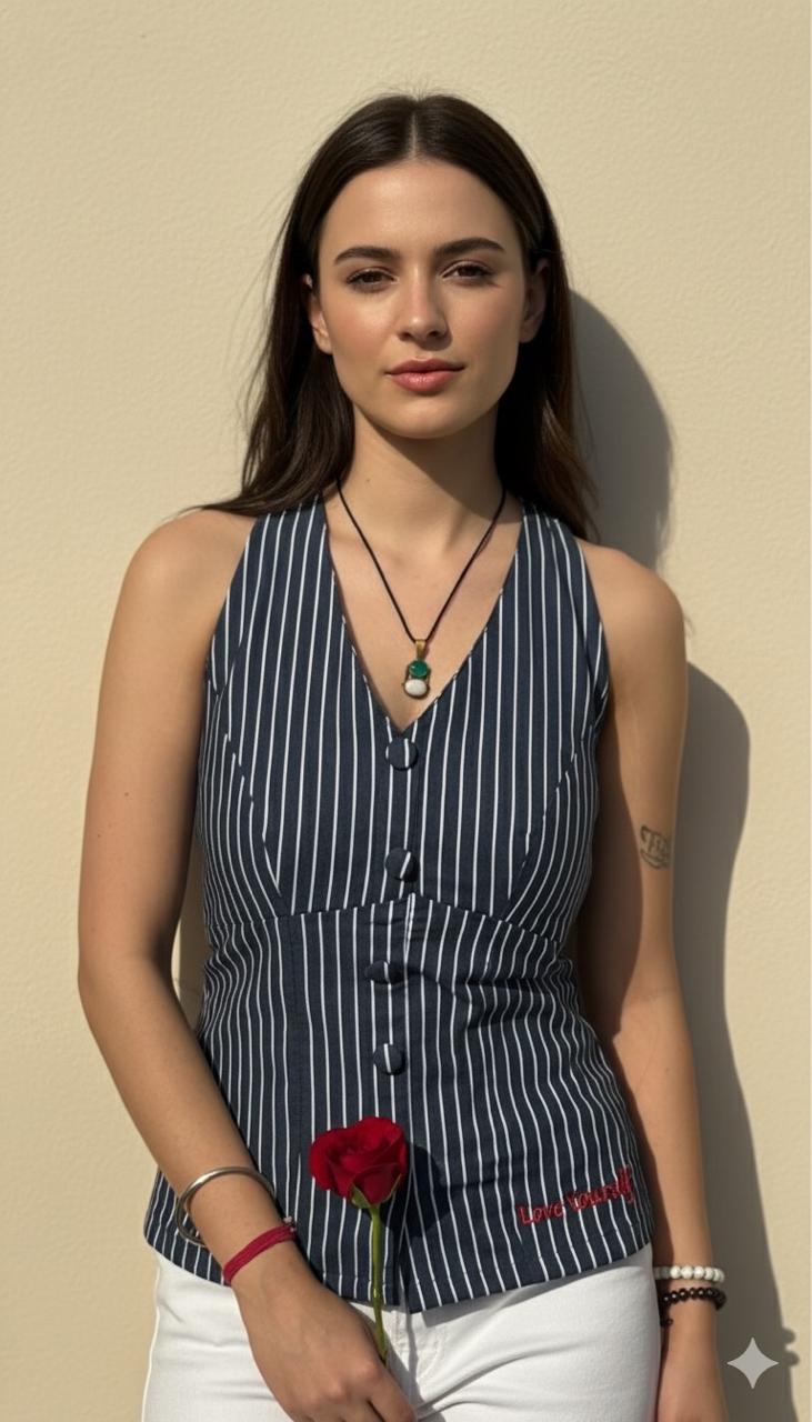 Striped Denim Halter Neck Top  (Love yourself)