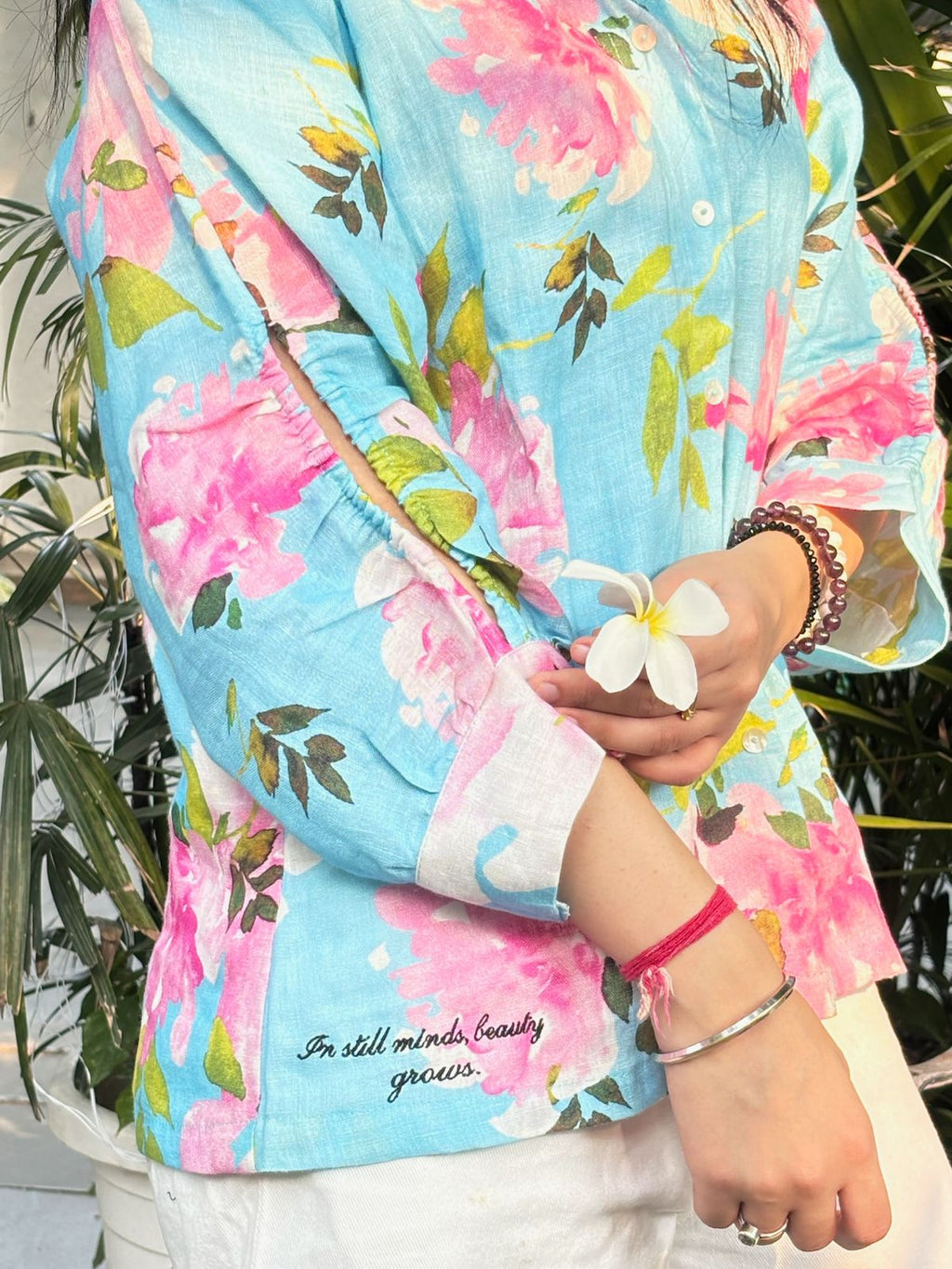 Blue Floral Linen Button-Up Shirt