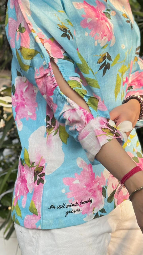 Blue Floral Linen Button-Up Shirt