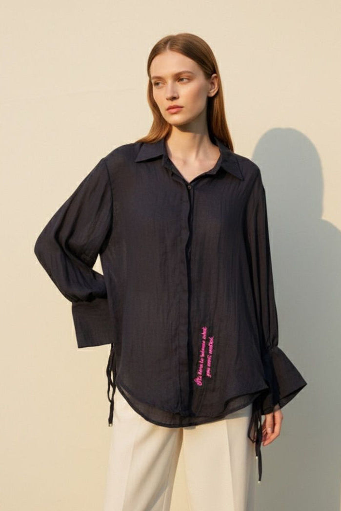 Navy Blue Muslin-Linen Knot Cuff Shirt