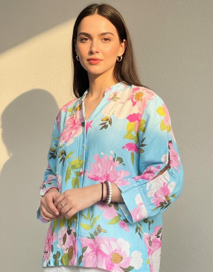 Blue Floral Linen Button-Up Shirt
